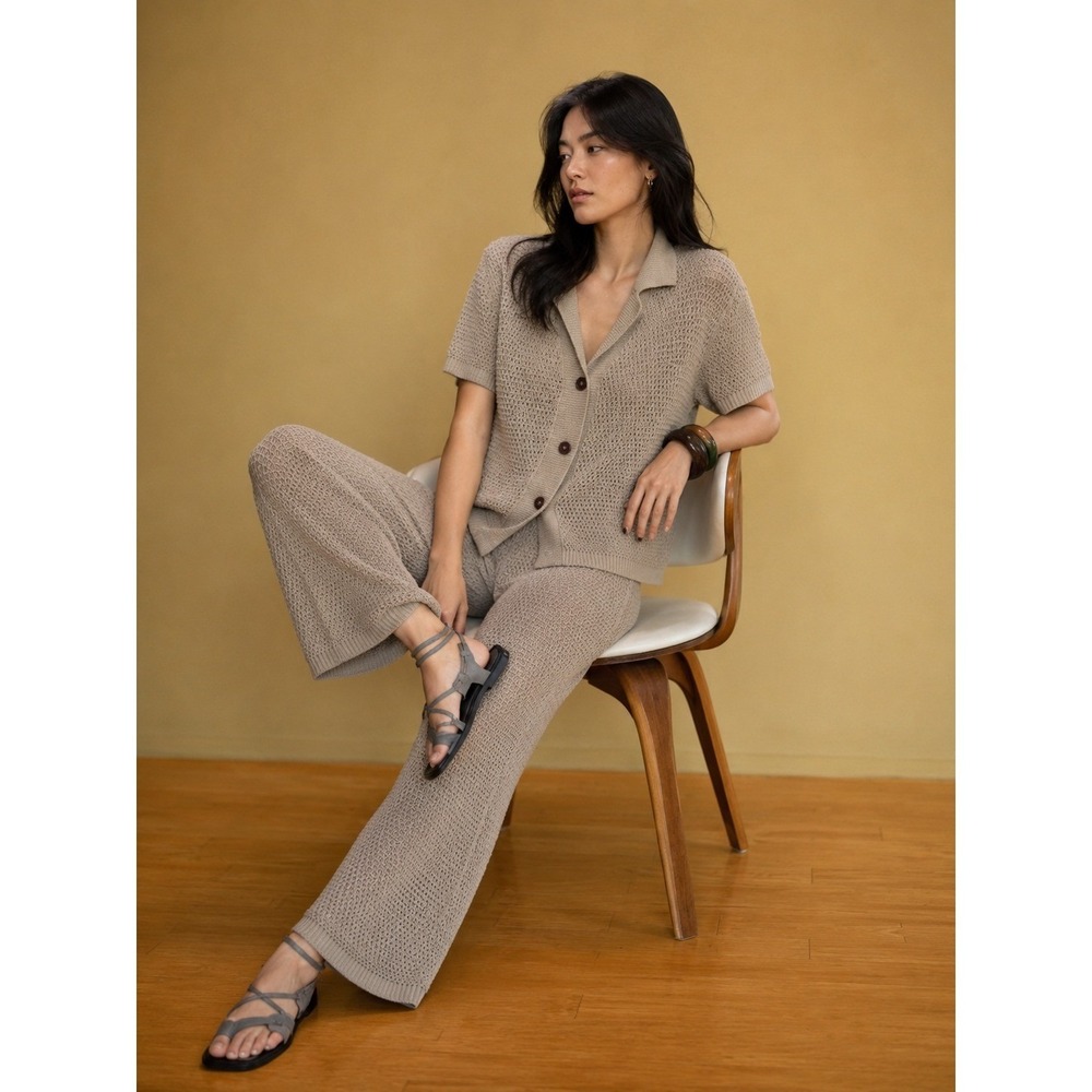 Zara Women Taupe Open Knit Crochet 2 Piece Set Cardigan Wide Leg‎ Pants S-M